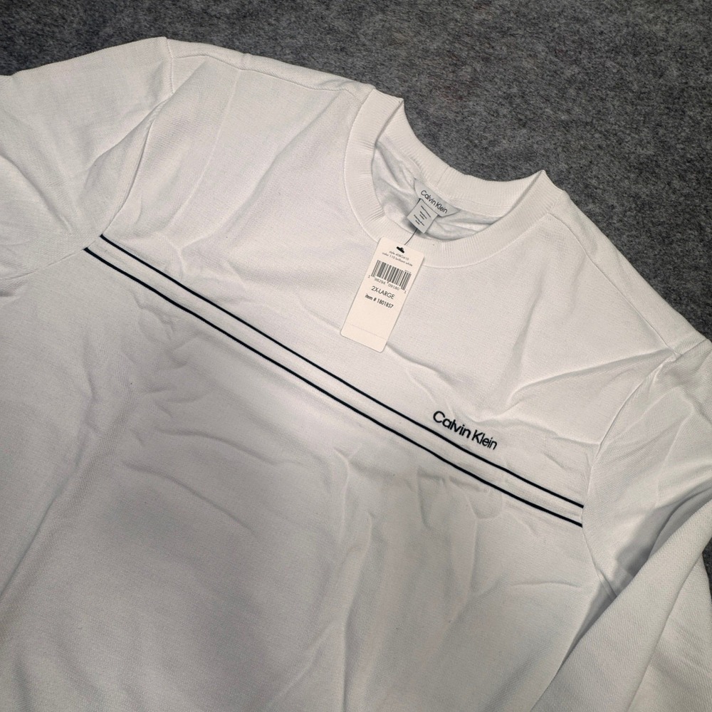 Calvin Klein Mens 2XL White Crewneck Sweatshirt Embroidered Logo Stripe 40BO410